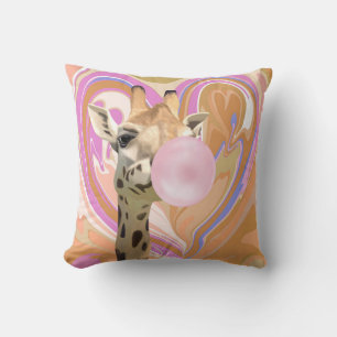 Fun Bubblegum Blowing Giraffe Liquid Swirl Orange Cushion