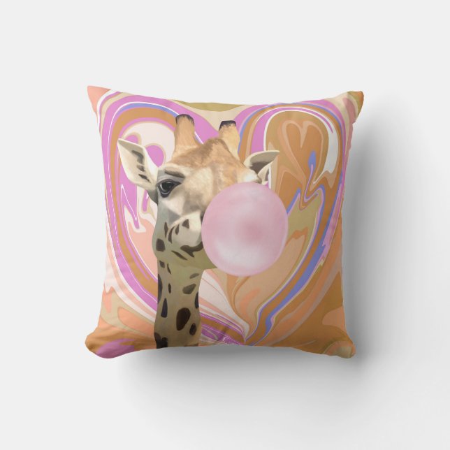 Fun Bubblegum Blowing Giraffe Liquid Swirl Orange Cushion (Front)