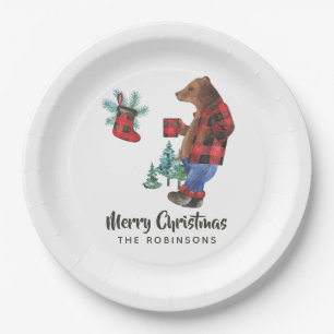 Fun Buffalo Plaid Lumberjack Bear Christmas Party Paper Plate