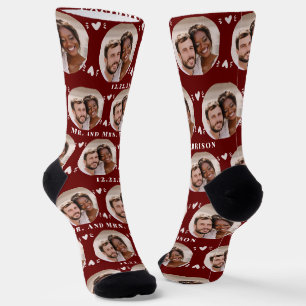 Fun Burgundy Newlyweds Photo Pattern Socks