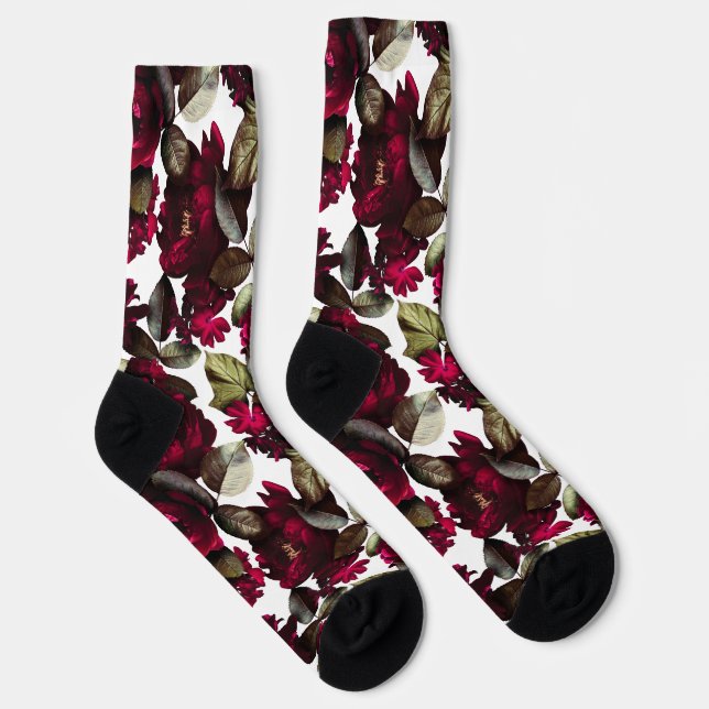 Fun Burgundy Wine White Floral Pattern Socks (Right)