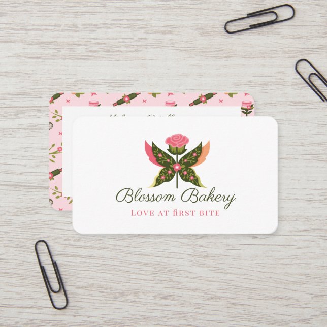 Fun Butterfly Blossom Floral Garden Bakery Cupcake Business Card (Front/Back In Situ)