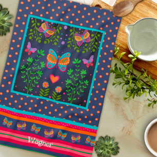Fun Butterfly Chic Floral Stylish Custom Name Tea Towel