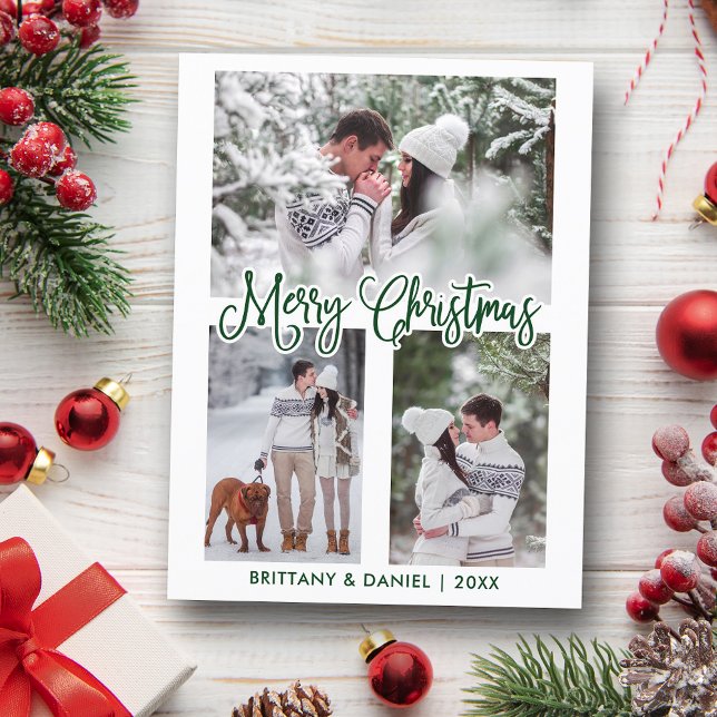 Fun Calligraphy 3 Photo Couple Christmas Green Postcard (Customize to change your personalized text size or text style.)