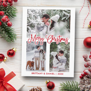 Fun Calligraphy 3 Photo Couple Christmas Red Postcard