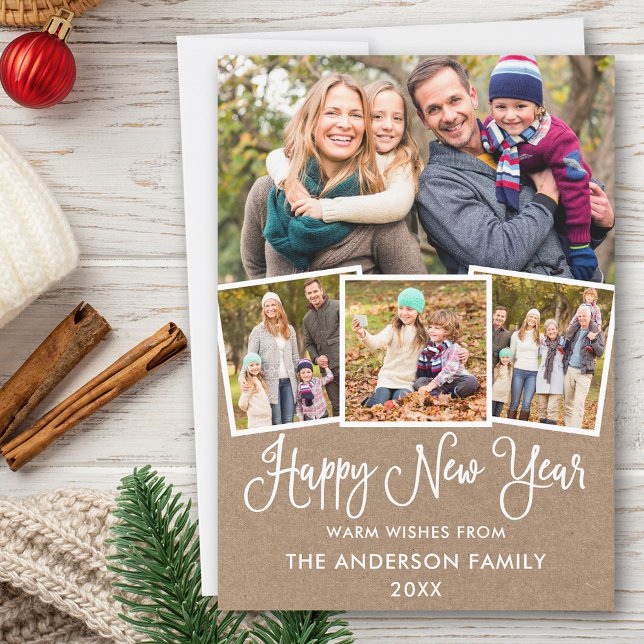 Fun Calligraphy 4 Photo Kraft Happy New Year Holiday Card (Customize to add text to back of card.)