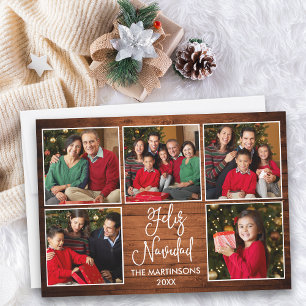 Fun Calligraphy 5 Photo Wood Feliz Navidad Holiday Card
