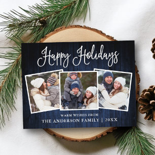 Fun Calligraphy Blue Wood 3 Photo Holiday Postcard