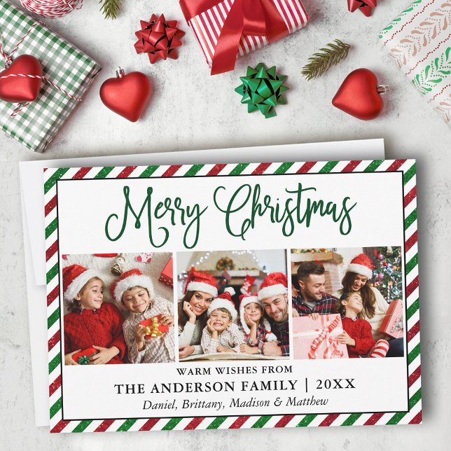 Fun Calligraphy Christmas 3 Photo Glitter Stripes Holiday Card (Customize to change your personalized text size or text style.)