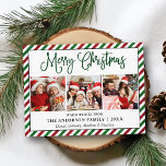 Fun Calligraphy Christmas 3 Photo Glitter Stripes Postcard<br><div class="desc">Modern Fun Calligraphy Script Merry Christmas 3 Photo Holiday Postcard - Green and Red Candy Cane Glitter Stripes - Green Script</div>