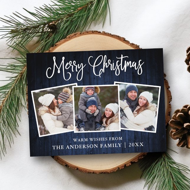 Fun Calligraphy Christmas Blue Wood 3 Photos Post Postcard (Customize to change your personalized text size or text style.)