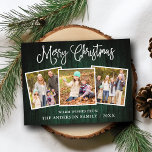 Fun Calligraphy Christmas Green Wood 3 Photos Postcard<br><div class="desc">Modern Fun Calligraphy Script Merry Christmas 3 Photo Holiday Postcard - Rustic Country Green Wood</div>