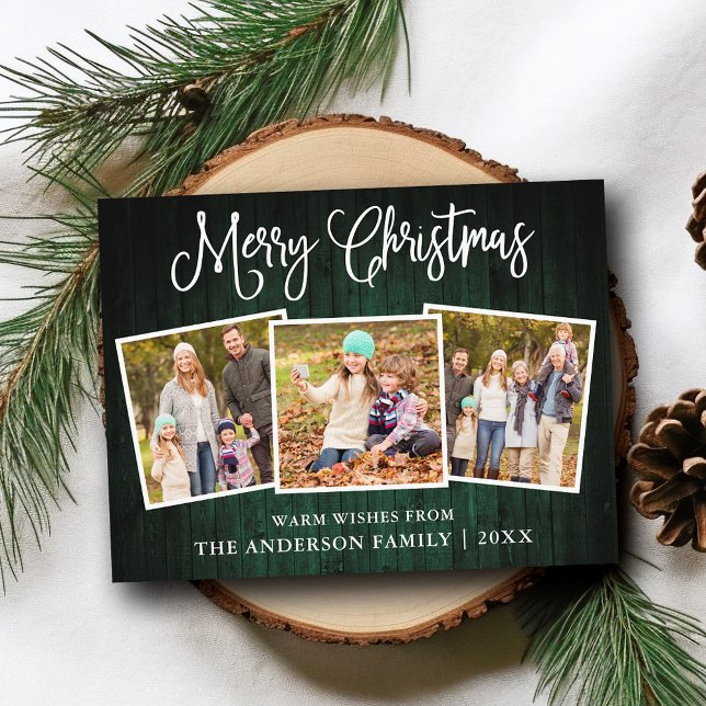 Fun Calligraphy Christmas Green Wood 3 Photos Postcard (Customize to change your personalized text size or text style.)