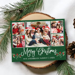 Fun Calligraphy Christmas Holly 5 Photo Green Postcard<br><div class="desc">Modern Fun Calligraphy Script 5 Photo Family Photo Collage Merry Christmas Postcard includes Watercolor Christmas Holly Berries - Forest Green</div>