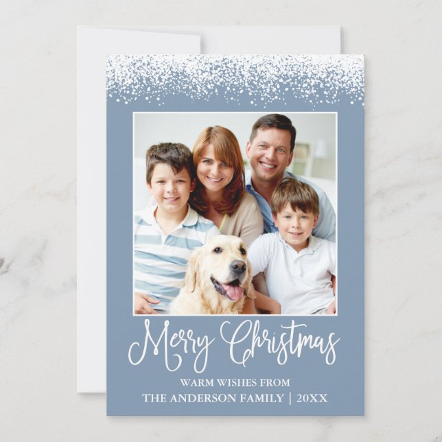 Fun Calligraphy Christmas Snow Topped Photo Blue Holiday Card (Front)
