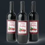 Fun Calligraphy Christmas Vintage Truck Plaid Wine Label<br><div class="desc">Modern Fun Calligraphy Script Merry Christmas Watercolor Vintage Red Truck with Christmas Tree Wine Bottle Label - Red Buffalo Plaid</div>
