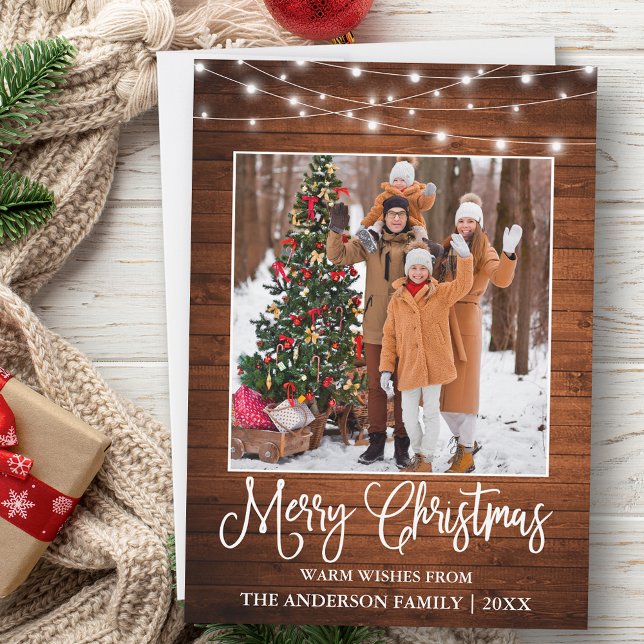 Fun Calligraphy Christmas Wood Lights Photo Holiday Card (Customize to add text to back of card.)