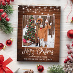 Fun Calligraphy Christmas Wood Lights Photo Postcard<br><div class="desc">Modern Fun Calligraphy Script Merry Christmas Family Photo Holiday Postcard - Rustic Country Wood with String Lights</div>