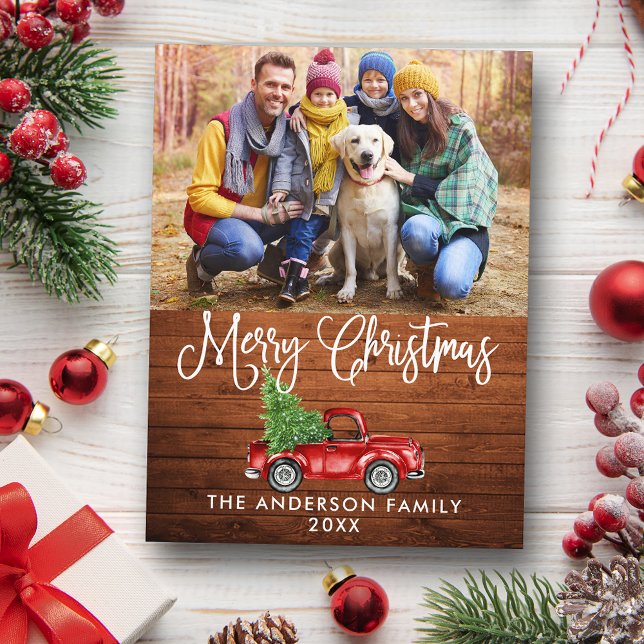 Fun Calligraphy Christmas Wood Red Truck Photo Postcard (Customize to change your personalized text size or text style.)