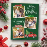 Fun Calligraphy Craft Tape Truck Christmas Green Postcard<br><div class="desc">Modern Fun Calligraphy Script Merry Christmas 3 Photo Collage with Craft Tape Holiday Postcard. Forest Green Background. Watercolor Vintage Red Truck with Christmas Tree.</div>