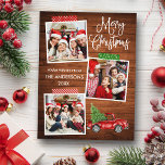 Fun Calligraphy Craft Tape Truck Wood Christmas Postcard<br><div class="desc">Modern Fun Calligraphy Script Merry Christmas 3 Photo Collage with Craft Tape Holiday Postcard. Watercolor Vintage Red Truck with Christmas Tree. Rustic Country Wood.</div>