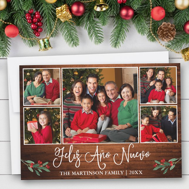 Fun Calligraphy Feliz Ano Nuevo Wood 5 Photo Holiday Card (Customize to add text to back of card.)