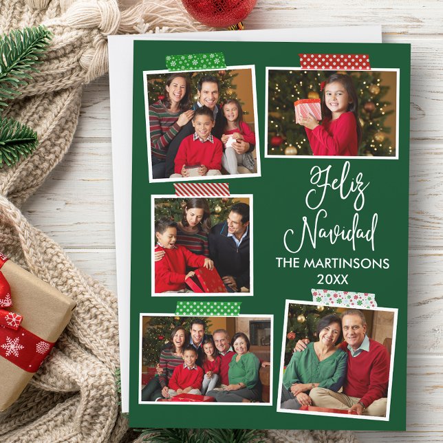 Fun Calligraphy Feliz Navidad Craft Tape Green Holiday Card (Customize to add text to back of card.)