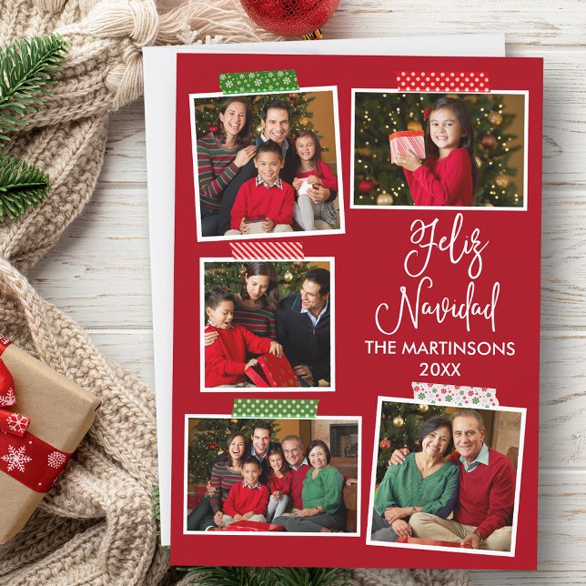 Fun Calligraphy Feliz Navidad Craft Tape Red Holiday Card (Customize to add text to back of card.)