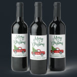 Fun Calligraphy Green Christmas Vintage Truck Wine Label<br><div class="desc">Modern Fun Calligraphy Script Merry Christmas Watercolor Vintage Red Truck with Christmas Tree Wine Bottle Label - Green Script</div>