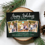 Fun Calligraphy Green Wood 3 Photo Holiday Postcard<br><div class="desc">Modern Fun Calligraphy Script Happy Holidays Family 3 Photo Postcard - Rustic Country Green Wood</div>