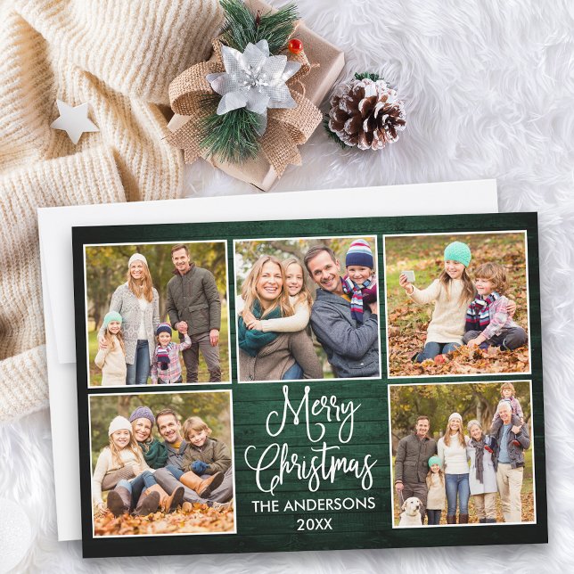 Fun Calligraphy Green Wood 5 Photos Christmas Holiday Card (Customize to add text to back of card.)