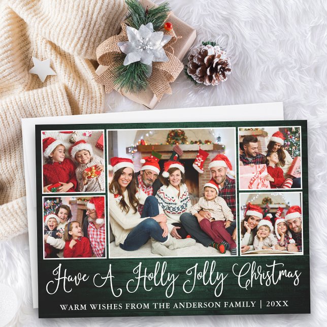 Fun Calligraphy Green Wood Holly Jolly Christmas Holiday Card (Customize to add text to back of card.)