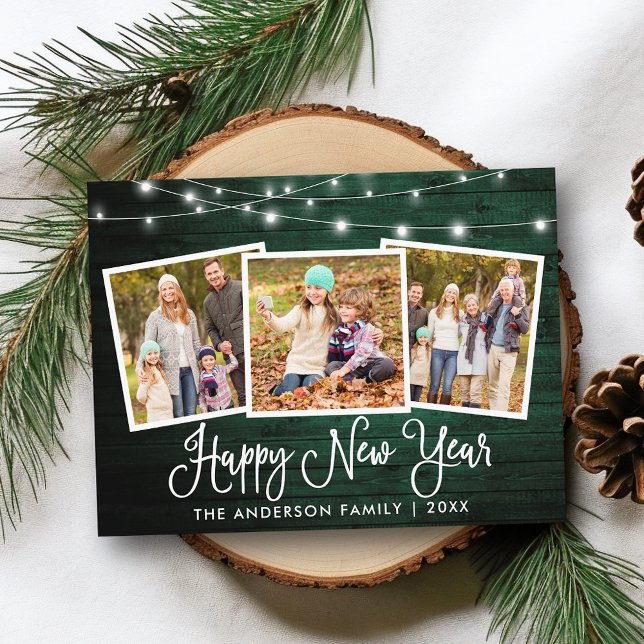 Fun Calligraphy Green Wood Lights 3 Photo New Year Postcard (Customize to change your personalized text size or text style.)