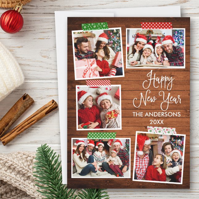 Fun Calligraphy Happy New Year Wood Craft Tape Holiday Card (Customize to add text to back of card.)