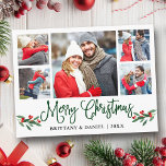 Fun Calligraphy Holly 5 Photo Couple Christmas Postcard<br><div class="desc">Modern Fun Calligraphy Script 5 Photo Couple Photo Collage Merry Christmas Postcard includes Watercolor Christmas Holly Berries - Green Script</div>