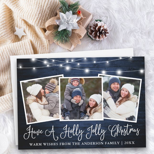 Fun Calligraphy Holly Jolly Christmas Blue Wood Holiday Card (Customize to add text to back of card.)