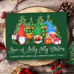 Fun Calligraphy Holly Jolly Christmas Gnomes Green Postcard<br><div class="desc">Modern Fun Calligraphy Script Have a Holly Jolly Christmas Watercolor Gnomes Postcard with Pine Trees. Family Name and Year - Forest Green background and colourful string lights.</div>