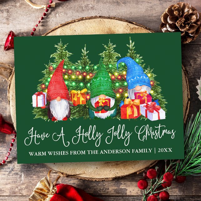 Fun Calligraphy Holly Jolly Christmas Gnomes Green Postcard (Customize to change your personalized text size or text style.)