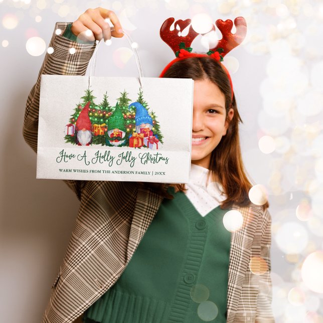 Fun Calligraphy Holly Jolly Christmas Gnomes Large Gift Bag (Customize with your name and year.)
