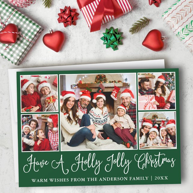 Fun Calligraphy Holly Jolly Christmas Green Holiday Card (Customize to add text to back of card.)