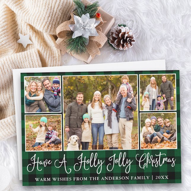 Fun Calligraphy Holly Jolly Christmas Green Plaid Holiday Card (Customize to add text to back of card.)