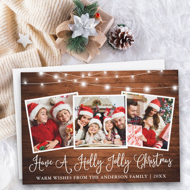 Fun Calligraphy Holly Jolly Christmas Wood Holiday Card (Customize to add text to back of card.)
