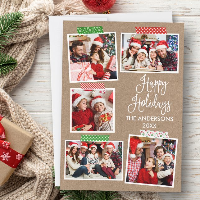 Fun Calligraphy Kraft Happy Holidays Craft Tape Holiday Card (Customize to add text to back of card.)