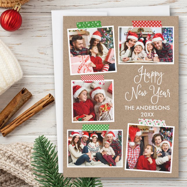 Fun Calligraphy Kraft Happy New Year Craft Tape Holiday Card (Customize to add text to back of card.)