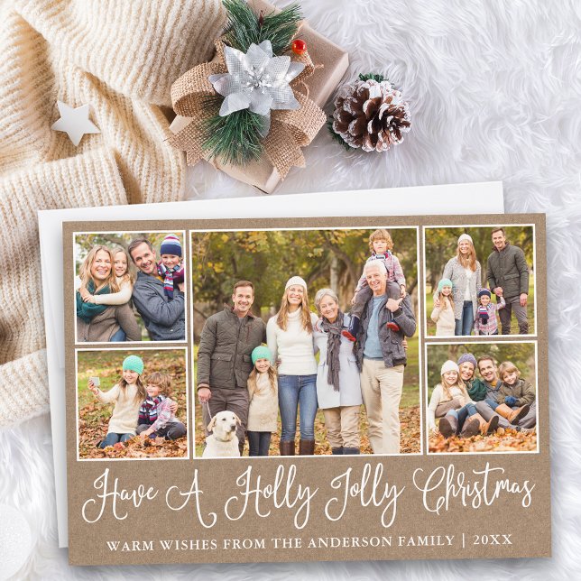 Fun Calligraphy Kraft Holly Jolly Christmas  Holiday Card (Customize to add text to back of card.)