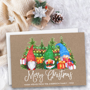 Fun Calligraphy Kraft Merry Christmas Gnomes Holiday Card