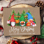 Fun Calligraphy Kraft Merry Christmas Gnomes Postcard<br><div class="desc">Modern Fun Calligraphy Script Merry Christmas Watercolor Gnomes Kraft Postcard with Pine Trees and colourful string lights. Family Name and Year.</div>