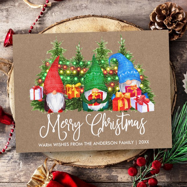 Fun Calligraphy Kraft Merry Christmas Gnomes Postcard (Customize to change your personalized text size or text style.)