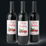 Fun Calligraphy Red Merry Christmas Vintage Truck Wine Label<br><div class="desc">Modern Fun Calligraphy Script Merry Christmas Watercolor Vintage Red Truck with Christmas Tree Wine Bottle Label - Red Script</div>