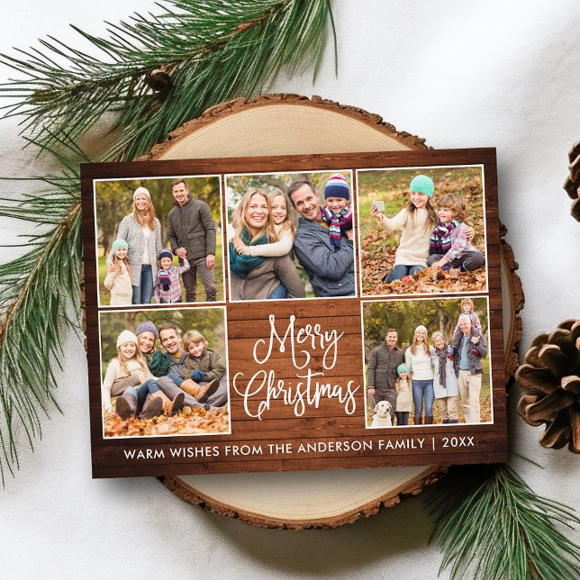 Fun Calligraphy Rustic Wood 5 Photo Christmas Postcard (Customize to change your personalized text size or text style.)